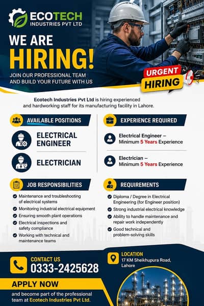 Electrical Engineer & Electrician Require with 5 year experience