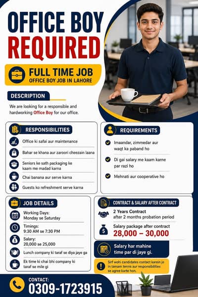 Office Boy Required – Full Time Job | Lahore