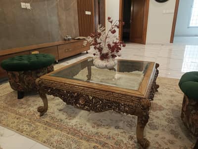 Elegant Hand-Carved Wooden Center Table Set for Sale  Premium