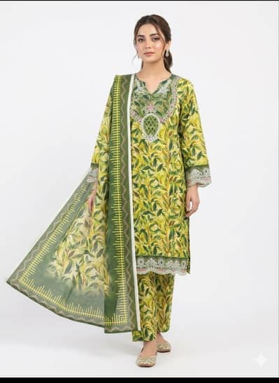 Ladies 3 pc suit digital lawn print with embroidery and handwork