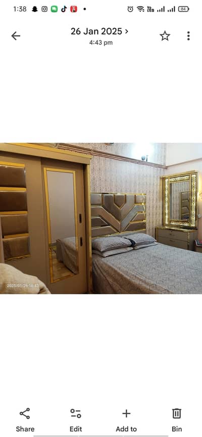 Queen bed with dressing table + stool and Wardrobe
