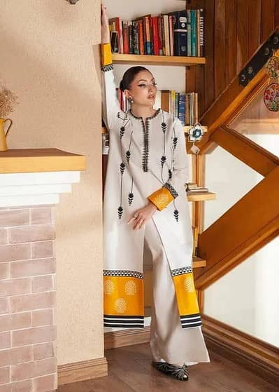 Premium Silk Printed Long Shirt Set White Yellow 2 piece