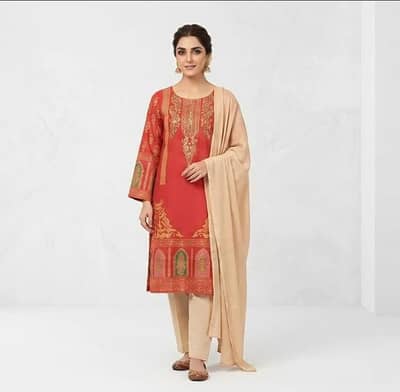 Red Arabic Lawn 3Pcs Block Printed Suit with Chiffon Dupatta