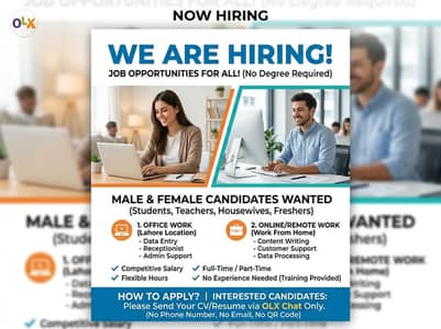 We are Hiring Male and Female staff