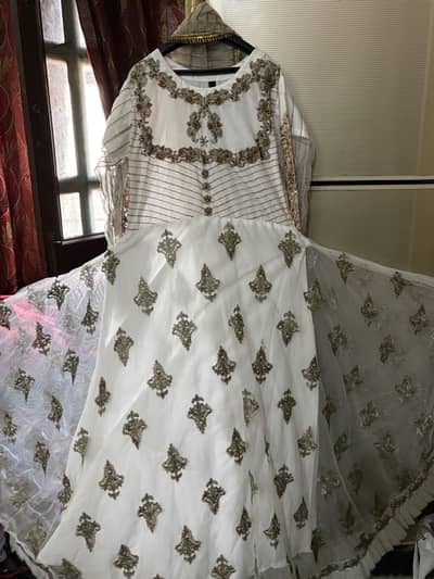 Elegant White & Gold Embroidered Maxi Dress with dupta