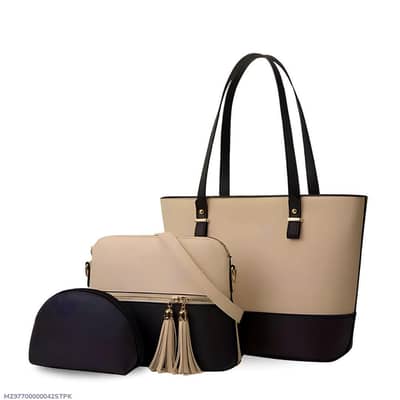Beige Black 3 Piece Leather Tote Set