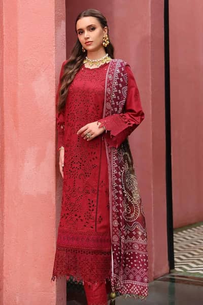 red embroidered lawn 3 piece set for woman