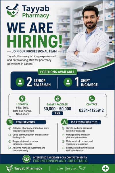 Senior Salesman & Shift Incharge |Urgent Hiring|Tayyab pharmacy Lahore
