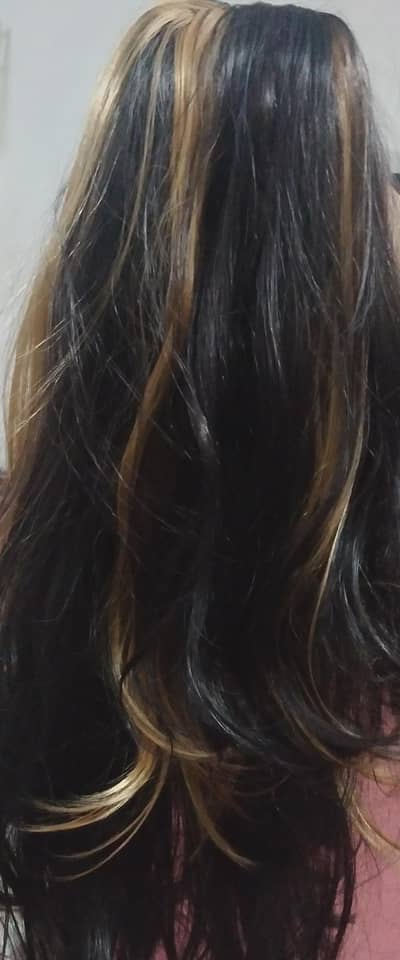 Brand New 100/ Human Hair Extension Long Wavy Black & Golden Highlight