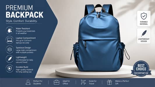 Premium Blue Backpack Waterproof Laptop School Bag
