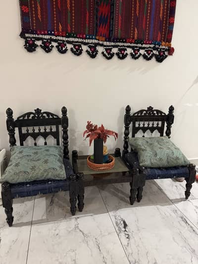 Solid Wood sofa chairs with centre table (cushions included)