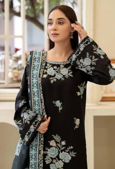 Black Embroidered 3-Piece Cotton Lawn Suit for Bakra Eid.