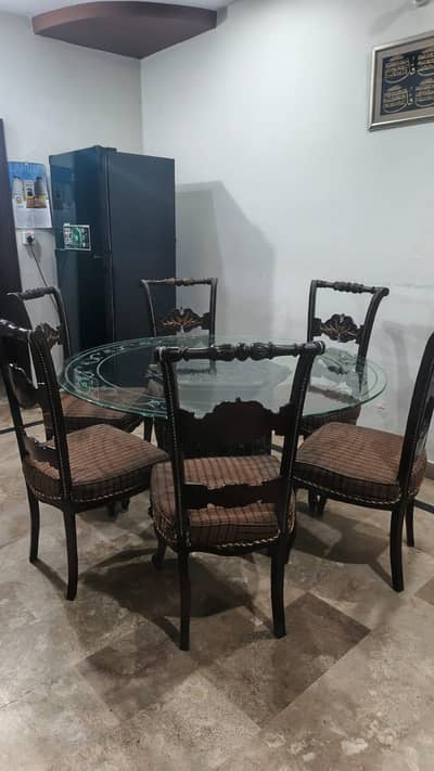 6 Seater Wooden Dining Table Set with Glass Top