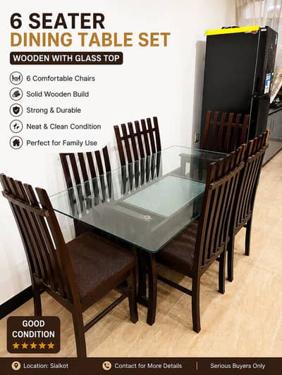 6 Seater Wooden Dining Table Set With Glass Top