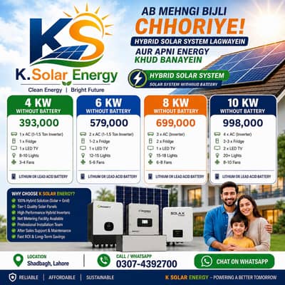 Hybrid Solar Installation in Lahore, From 4KW to 10KW