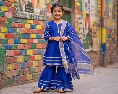Blue Embroidered Girl's 3-Piece Lawn Kurta Set
