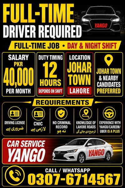 Driver Required for Yango – Johar Town Lahore 