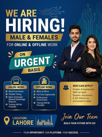 Hiring males and females on urgent bases.