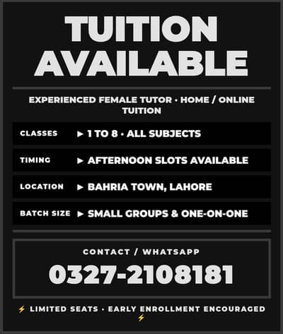 Home Tutor | Classes 1–8 | All Subjects | Bahria Town Lahore