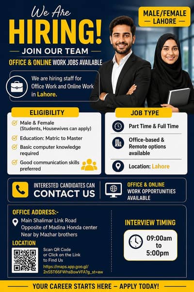 Office & Online Work Jobs Available – Male/Female (Lahore)
