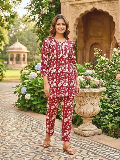 Red Floral Cotton Lawn 2-Piece Suit Medium