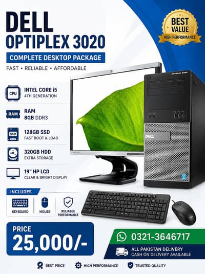 dell optiplex 3020, 4th gen, 8gb ram, 128ssd, 320 hard, 19 inch lcd