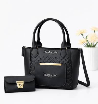 Christian Dior Black Leather Handbag Set with Wallet