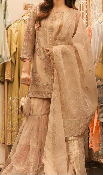 Elegant Peach Embroidered Chiffon Dress | Luxury Party Wear | Fancy Pa