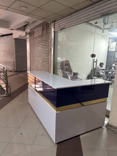 Office Executive Table White & Blue with Gold Bar