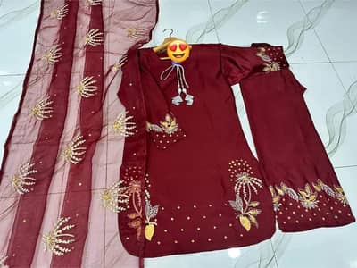 Silver Gold Sequence Embroidered 3Pcs Suit Set