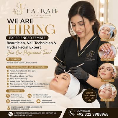 Experienced Female Beautician, Nail Technician & Hydra Facial Expert