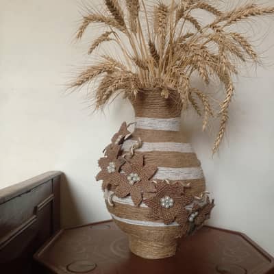 Rustic Handmade Jute Vase with Wheat Decor
