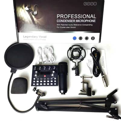 V10 Bm-800 Podcast Condenser Microphone Set With Live Sound Card, Rech