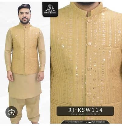 golden men,s kameez shalwar with sequin embroidery waistcoat (RJ-ksw11