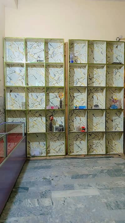 Wooden Display Shelves with 30 storage boxes | Marble Finish