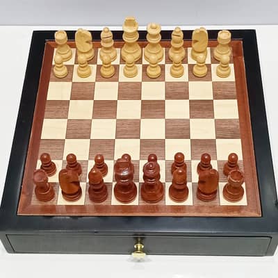 Chess and Draught Wooden Set with Two Built-in Magnetic Storage Drawer