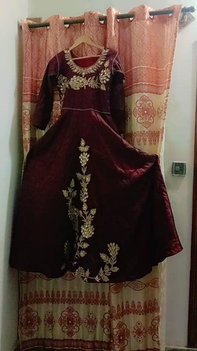 Long maxi kaftan silk with mirror work (net dupatta)