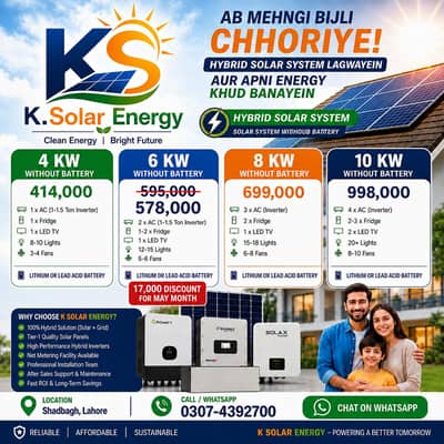 Hybrid Solar Installation in Lahore, From 4KW to 10KW