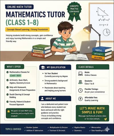 Mathematics Tutor (Class 1–8) | Concept-Based Learning