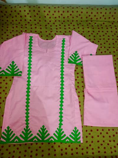 Girls Pink & Green Applique Kurti Set | Traditional  Pakistani 2-Piece