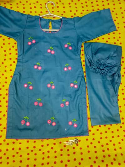 Girls Teal Blue Cherry Embroidery Kurti Set
