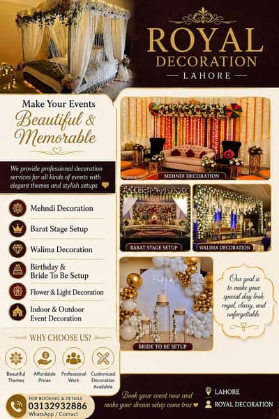 RoyalWedding Decoration Lahore | Mehndi Barat Walima Birthday 