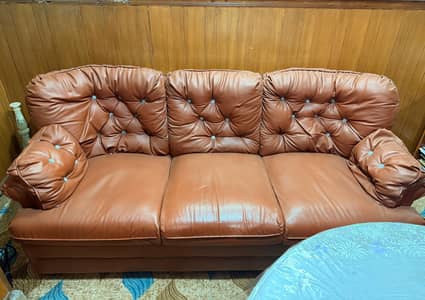 Brown Leather Tufted Sofa Set