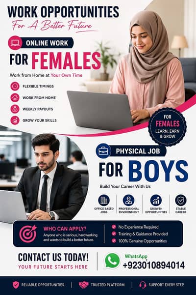 Online Work for Females | Office Jobs for Boys, Contact: 03010894014