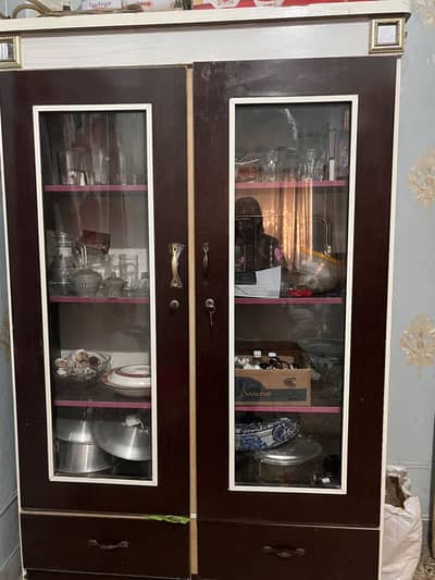 Wooden Crockery Almari with Glass Doors