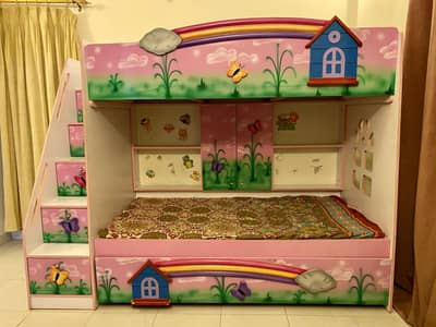 Kids Bunk Bed with Storage Drawers & Shelves – Pink Butterfly Design