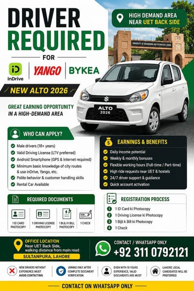 Driver Required for Indrive  -  yango -  Bykea  New Alto 2026