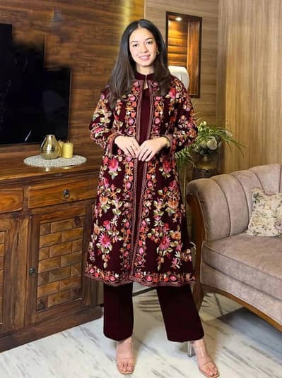 Maroon Embroidered Gown Set for Women
