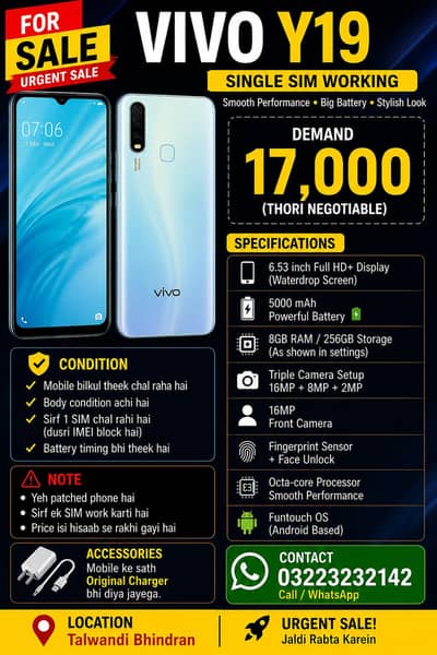 Vivo  Y19 for sale (Single sim working)