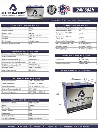 24 V 60 amp Lithium Battery American 5 Years warranty